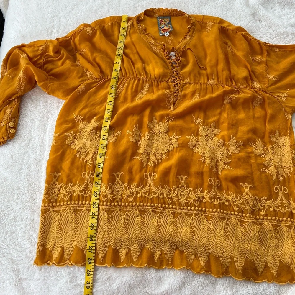 NWT Johnny Was Lara Georgette Feather Embroidered Mustard Yellow Scalloped Hem - Picture 8 of 9